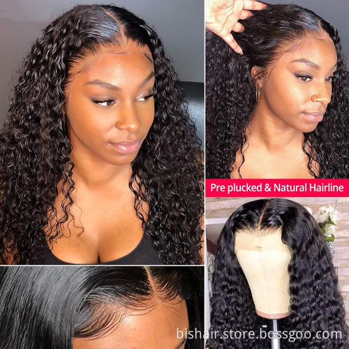 BIS Brazilian Human Hair 26 Inch 150% Density  4*4 Curly Wave Lace Front Wig  For Women Pre Plucked Remy Transparent Lace  Wig
